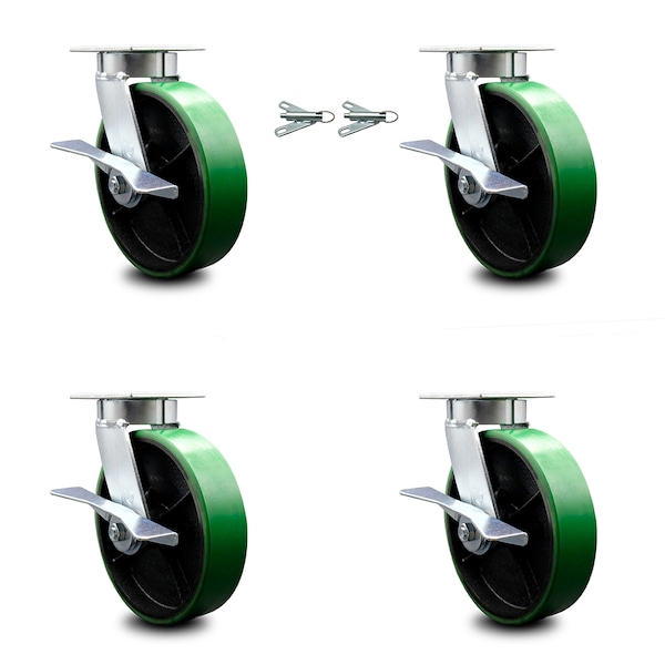 Service Caster 8 Inch Kingpinless Green Poly on Steel Wheel Caster Brakes 2 Swivel Locks, 4PK SCC-KP30S820-PUR-GB-SLB-BSL-2-SLB-2 - main